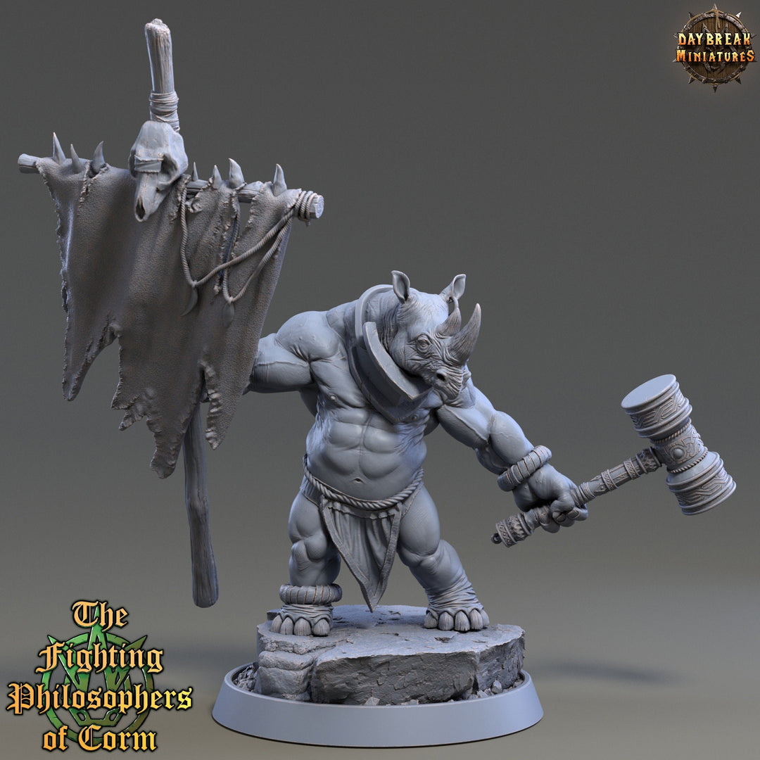 Rhinokin, Rhino-folk Warrior  Scales: 28mm, 32mm,54mm,75mm | D&D 5e Megaboss | Dungeons and Dragons | Pathfinder | Daybreak Miniatures