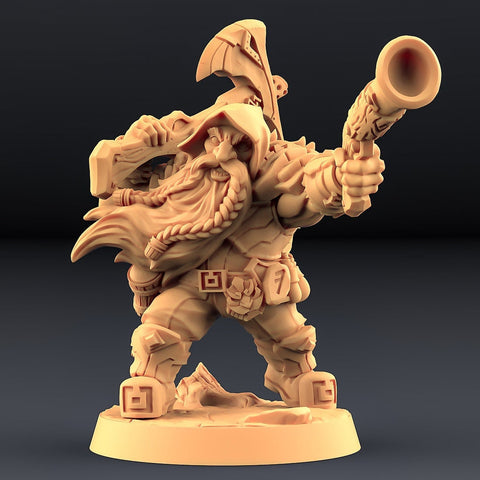 Dwarf Fighter Gunslinger Artificer | Dungeons and Dragons | 28mm,32mm Scales | 54mm, 75mm TALL| Pathfinder Mini for Painting | Artisan Guild