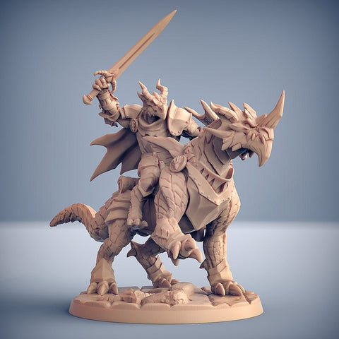 Dragonborn Knight Paladin Fighter Mounted on Dragonling | 28mm, 32mm, 54mm, 75mm Scale Resin Miniature | Dungeons and Dragons | Pathfinder |