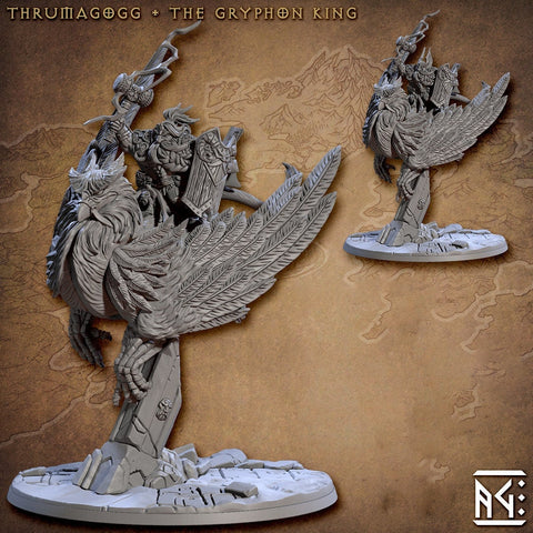 Fighter Dwarf King mounted on Gryphon with Hammer and Shield | 28mm, 32mm, 54mm Scale Miniature | Dungeons and Dragons | Artisan Guild