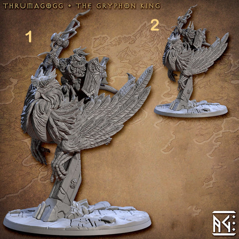 Fighter Dwarf King mounted on Gryphon with Hammer and Shield | 28mm, 32mm, 54mm Scale Miniature | Dungeons and Dragons | Artisan Guild