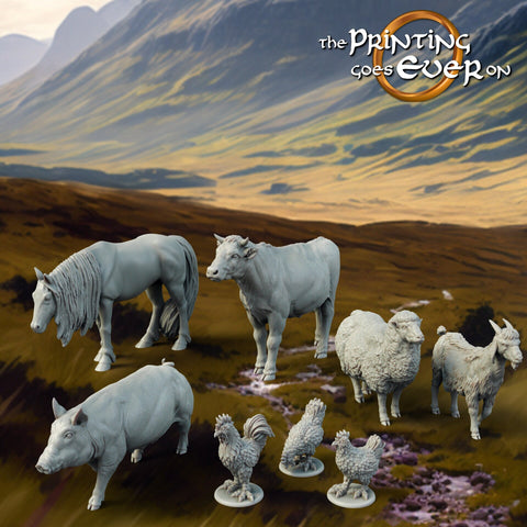 Farm Animals  Resin Miniatures | 28mm,32mm, 54mm,75mm Scale | NPC terrain Props Cow, Horse, Hens | Dungeons and Dragons | Pathfinder | DnD