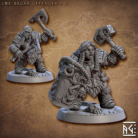 Female Fighter Cleric Dwarf with Hammer & Axes, Helm, Shield | 28mm, 32mm, 54mm, 75mm Scale Miniature | Dungeons and Dragons | Artisan Guild