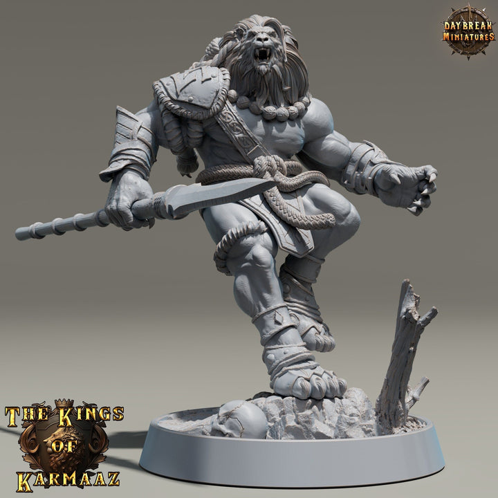 Leonin LionFolk Fighter Barbarian | 28mm, 32mm, 54mm, 75mm Scales,100mm Tall | Dungeons and Dragons D&amp;D 5e | Pathfinder| Daybreak Miniatures