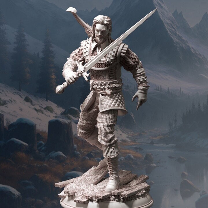 Human Ranger Fighter with Sword | Miniature | 28mm, 32mm, 75mm, 100mm Scales | Pathfinder Figure | DnD | Figurine unpainted |