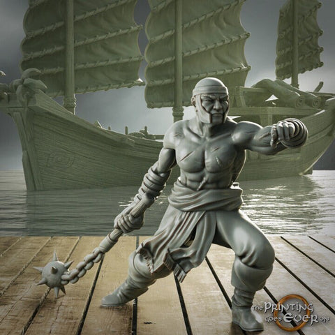 Swashbuckler Pirate Fighter Morningstar | Sea encounter | 28mm, 32mm,54mm,75mm,100mm Scales | Player Character D&D 5e Pathfinder Figurine