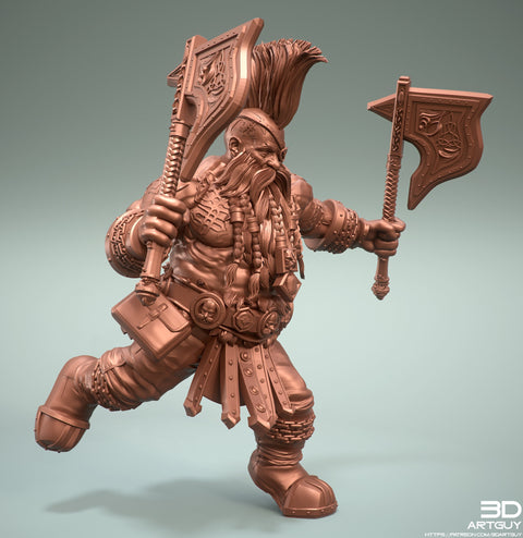 Dwarf Fighter Barbarian Two Axes Unpainted Figure | 28mm, 32mm,54mm,75mm,100mm Scales | Dungeons and Dragons Pathfinder | 3DArtGuy