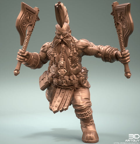 Dwarf Fighter Barbarian Two Axes Unpainted Figure | 28mm, 32mm,54mm,75mm,100mm Scales | Dungeons and Dragons Pathfinder | 3DArtGuy