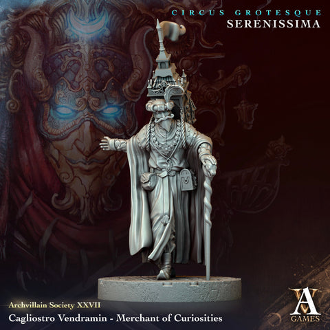 Merchant of Curiosities, Adventurer NPC | 28mm,32mm, 54mm,75mm,100mm Scales | Figure Mini- Minis -D&D 5e Pathfinder Figurine | Flesh of Gods