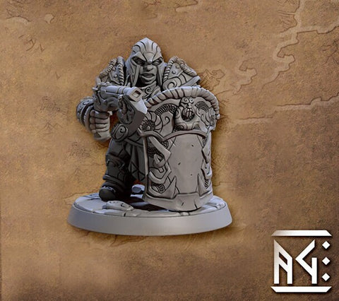 Female Dwarf Fighter Cleric with Axegun & Tower Shield, Helm | 28mm, 32mm, 54mm, 75mm Scale Miniature | Dungeons and Dragons | Artisan Guild