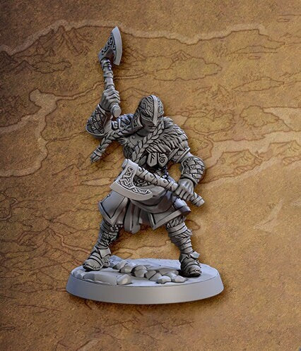 Female Ranger Fighter Dual Axes | 28mm, 32mm, 54mm,75mm,100mm Scale Resin Miniature Dungeons and Dragons D&D Pathfinder | Artisan Guild
