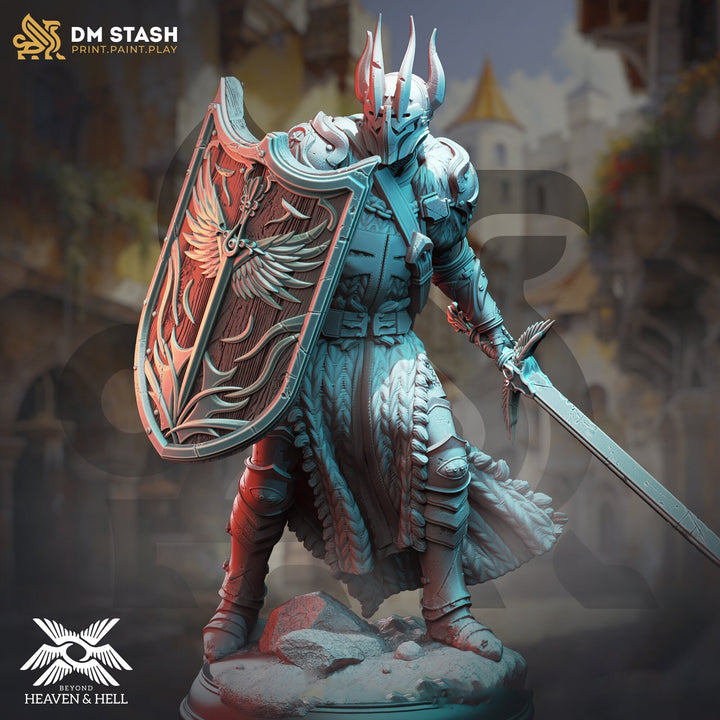 Human Paladin Fighter Sword &amp; Shield | Miniature | 28mm, 32mm, 54mm,75mm, 100mm Scales | Pathfinder Figure | DnD | Figurine unpainted |