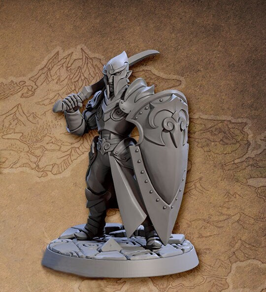 Elf Paladin Fighter Sword and Shield | 28mm, 32mm, 54mm,75mm,100mm Scale Resin Miniature Dungeons and Dragons D&D Pathfinder | Artisan Guild