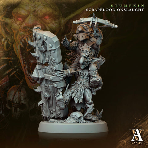 Goblin Pair with Tower Shield | Dungeons and Dragons | 28mm,32mm,54mm,75mm,100mm Scales | Pathfinder Mini for Painting | Archvillain Games
