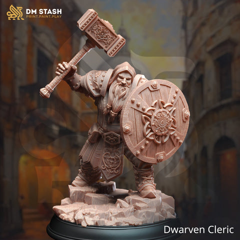 Dwarf Cleric Fighter w/ Hammer & Shield Miniature | 28mm, 32mm,54mm,75mm, 100mm Scales | DnD 5e Pathfinder | DM Stash